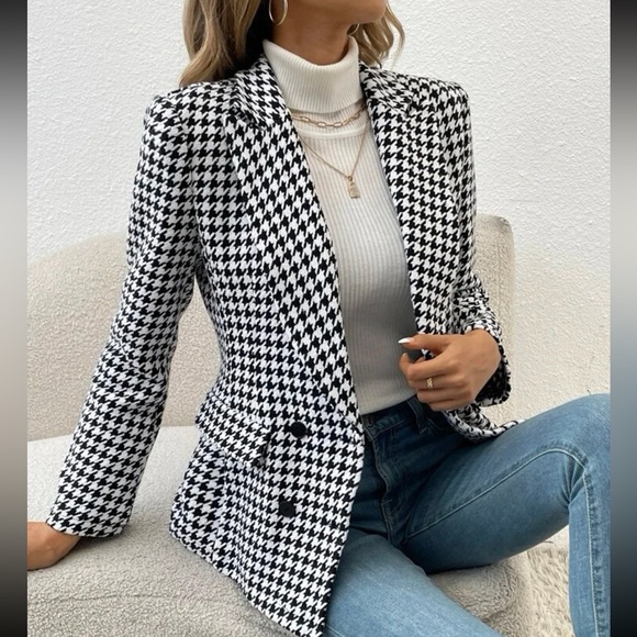 Blue Houndstooth Hybrid Fit Double Breasted Jacket